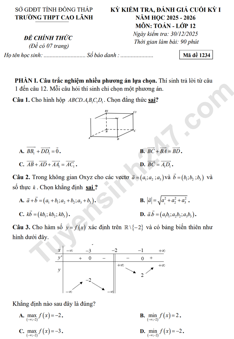 Đề thi cuối kì 1 lớp 12 môn Toán - THPT Cao Lãnh 2025