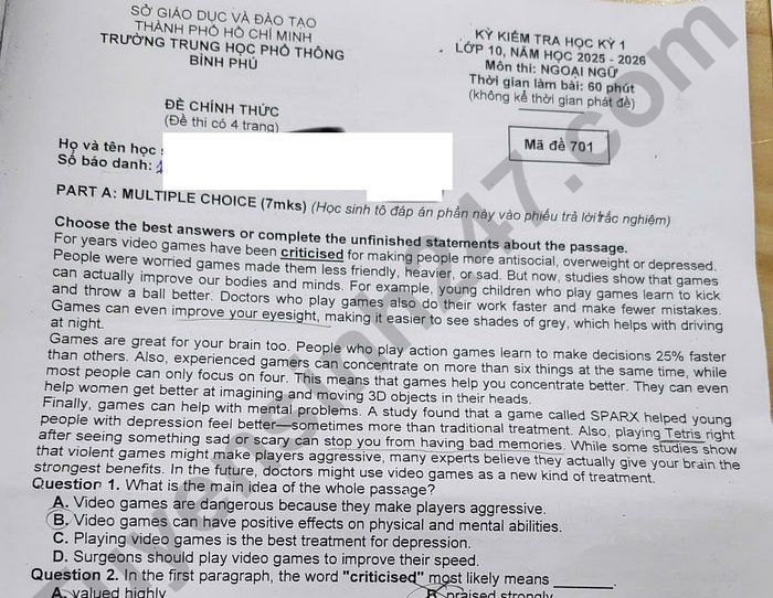 Đề thi học kì 1 lớp 10 môn Anh - THPT Bình Phú 2025