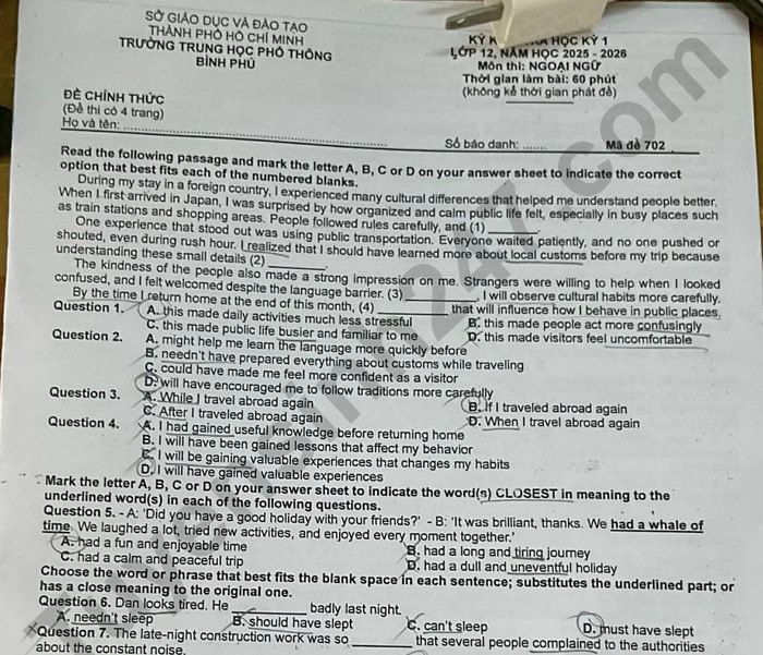 Đề thi học kì 1 năm 2025 THPT Bình Phú - môn Anh lớp 12