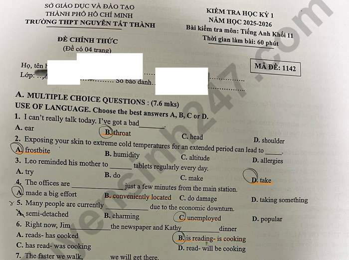 Đề thi học kì 1 lớp 11 môn Anh - THPT Nguyễn Tất Thành 2025