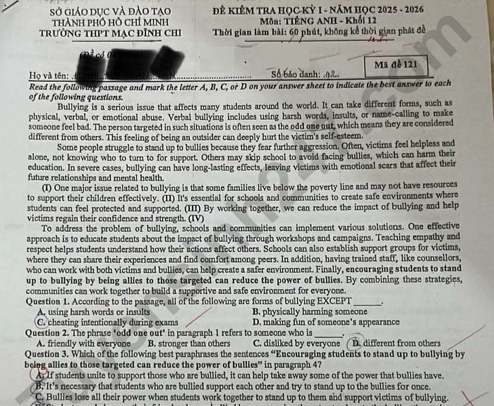 Đề thi học kì 1 môn Anh lớp 12 THPT Mạc Đĩnh Chi 2025