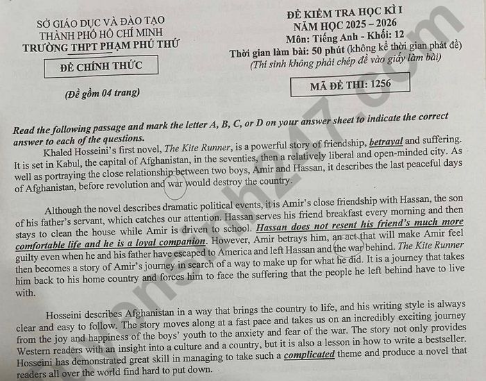 Đề thi học kì 1 lớp 12 môn Anh 2025 - THPT Phạm Phú Thứ