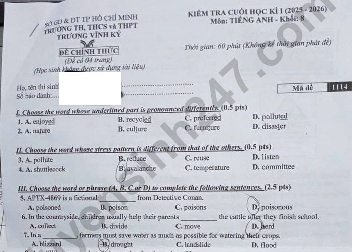 Đề thi học kì 1 môn Anh 8 TH, THCS và THPT Trương Vĩnh Ký 2025