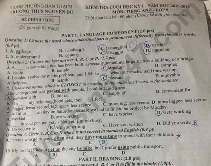 Đề thi cuối kì 1 môn Anh lớp 9 THCS Nguyễn Du 2025