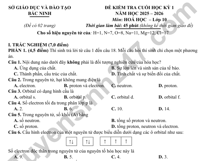 Đề thi cuối kì 1 lớp 10 môn Hóa 2025 - Sở GD Bắc Ninh