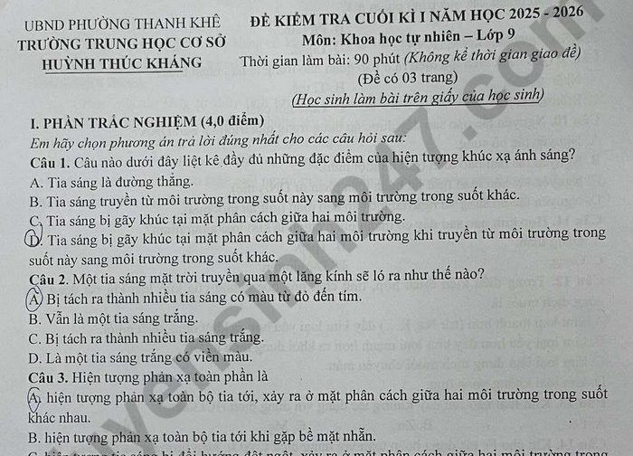 Đề thi kì 1 năm 2025 THCS Huỳnh Thúc Kháng - môn KHTN 9
