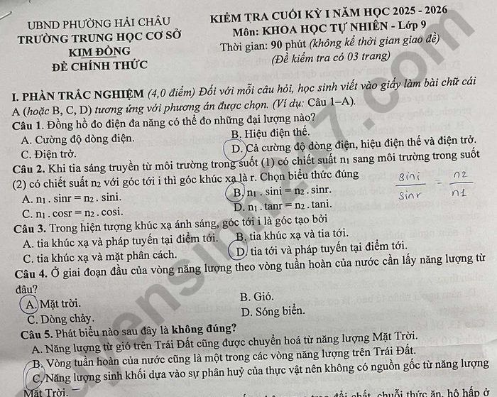 Đề thi cuối kì 1 lớp 9 môn KHTN - THCS Kim Đồng 2025