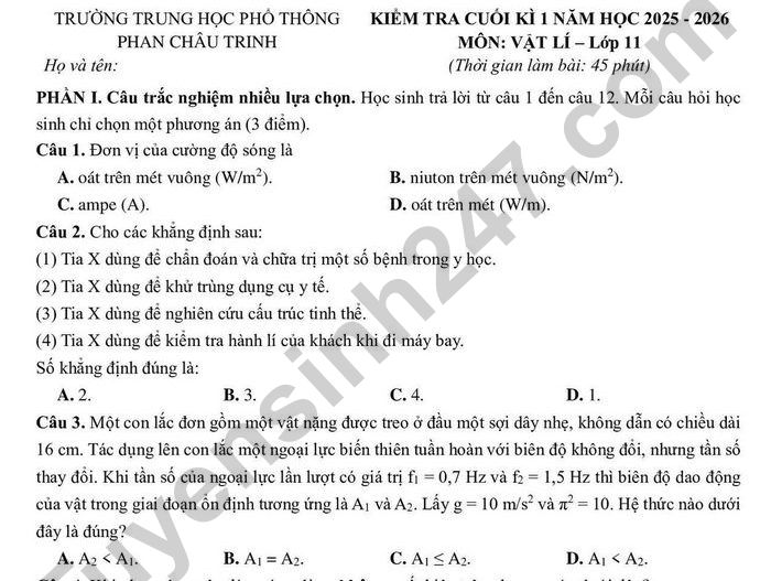 Đề thi học kì 1 năm 2025 THPT Phan Châu Trinh - lớp 11 môn Lý