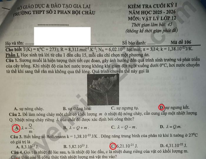 Đề thi học kì 1 môn Lý lớp 12 THPT số 2 Phan Bội Châu 2025