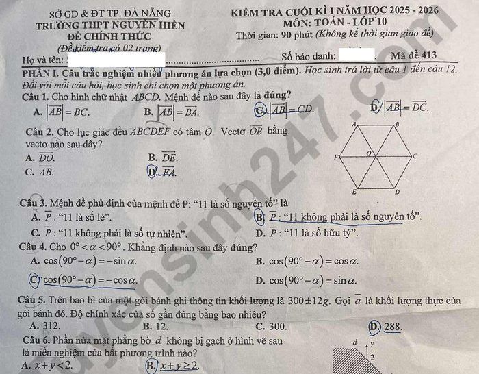 Đề thi học kì 1 lớp 10 môn Toán 2025 - THPT Nguyễn Hiền