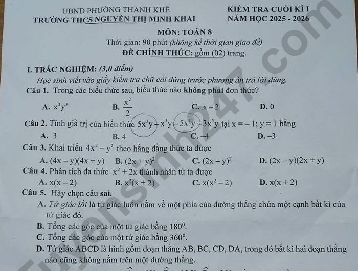 Đề thi kì 1 năm 2025 THCS Nguyễn Thị Minh Khai - lớp 8 môn Toán