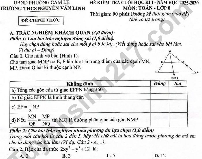Đề thi cuối kì 1 môn Toán 8 THCS Nguyễn Văn Linh 2025