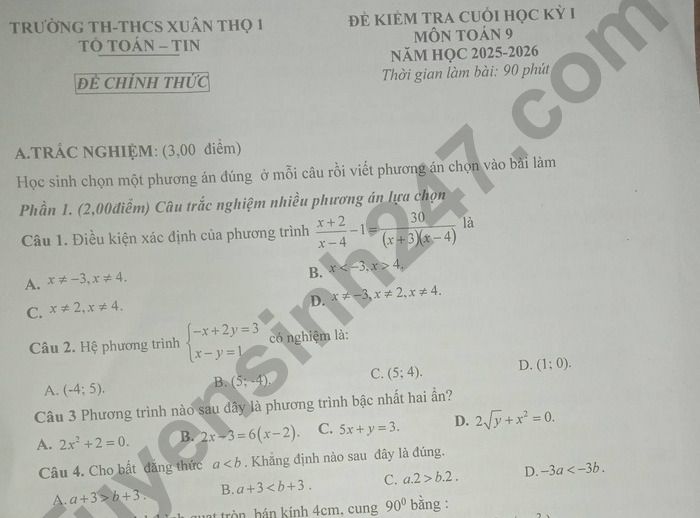 Đề thi học kì 1 lớp 9 môn Toán 2025 - TH-THCS Xuân Thọ 1
