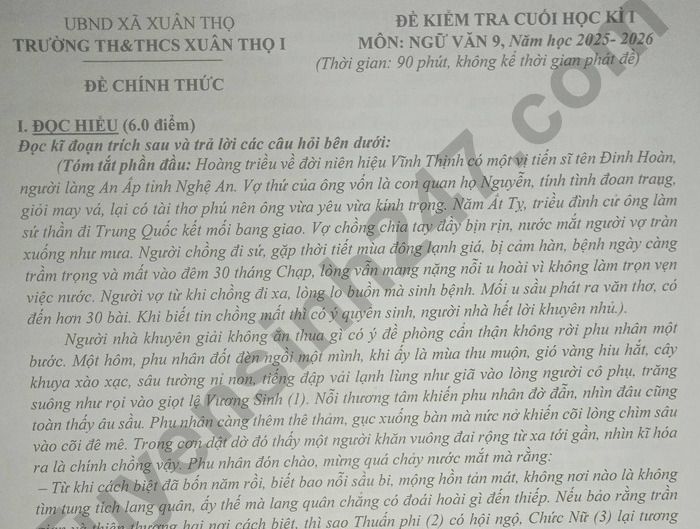 Đề thi học kì 1 môn Văn 9 TH&THCS Xuân Thọ 1 năm 2025