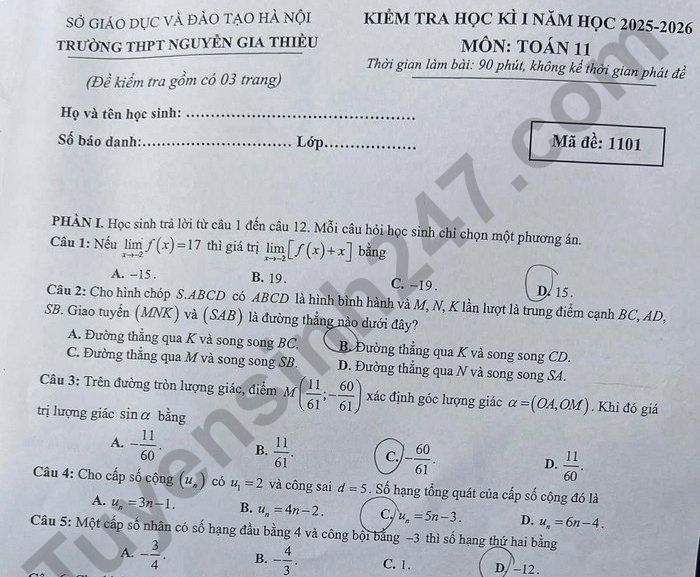 Đề thi học kì 1 lớp 11 môn Toán THPT Nguyễn Gia Thiều 2025