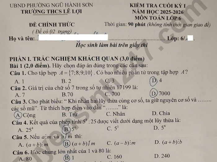 Đề thi học kì 1 lớp 6 môn Toán 2025 - THCS Lê Lợi