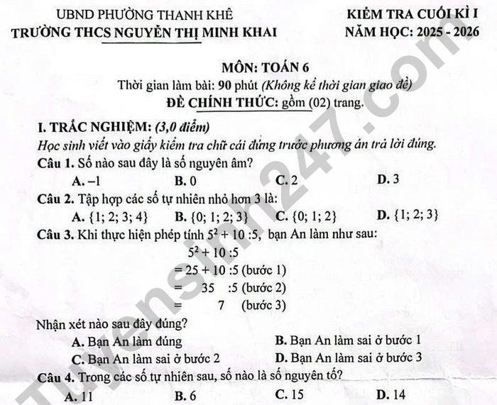 Đề thi kì 1 năm 2025 lớp 6 môn Toán - THCS Nguyễn Thị Minh Khai