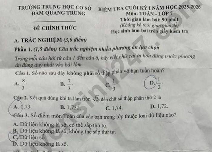 Đề thi cuối kì 1 Toán 7 THCS Đàm Quang Trung 2025