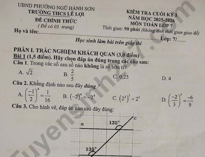 Đề thi cuối kì 1 môn Toán 7 THCS Lê Lợi 2025