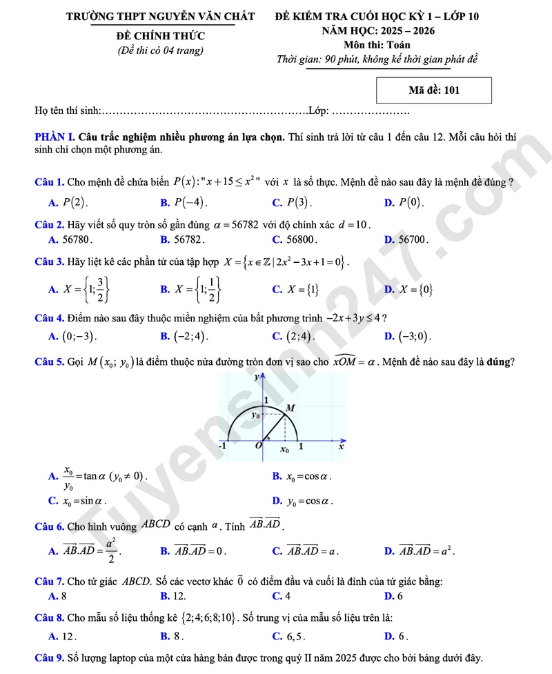 Đề thi HK 1 lớp 10 môn Toán 2025 - THPT Nguyễn Văn Chất