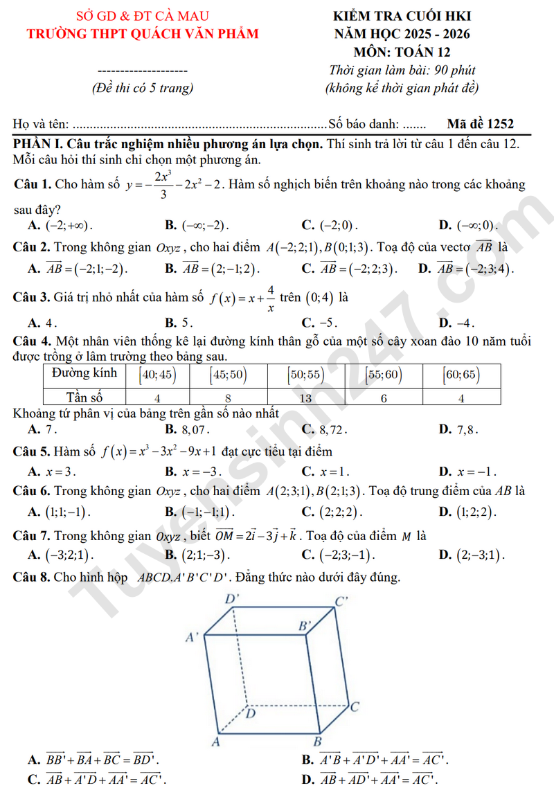 Đề thi học kì 1 lớp 12 môn Toán 2025 - THPT Quách Văn Phẩm (Có đáp án)