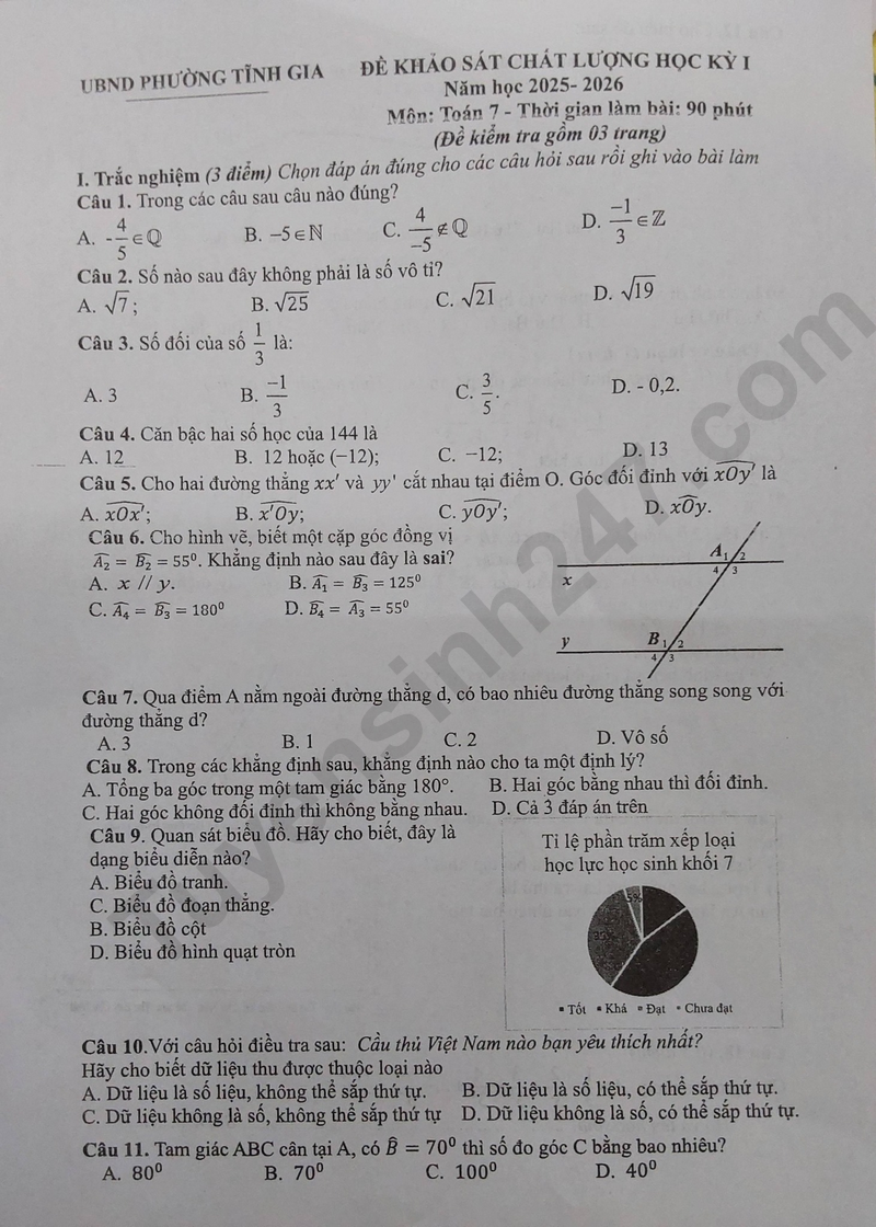 Đề thi HK 1 lớp 7 môn Toán 2025 - Phường Tĩnh Gia