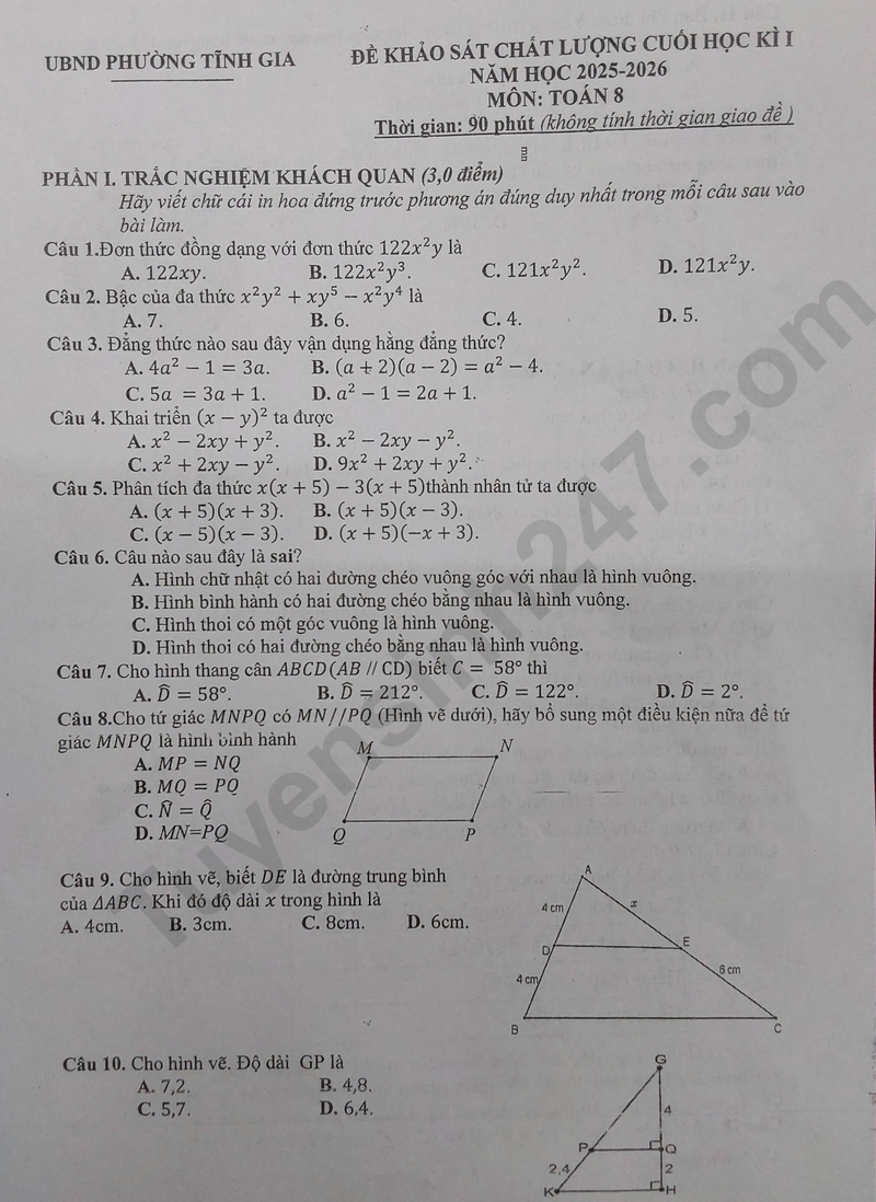 Đề thi HK 1 lớp 8 môn Toán 2025 - Phường Tĩnh Gia