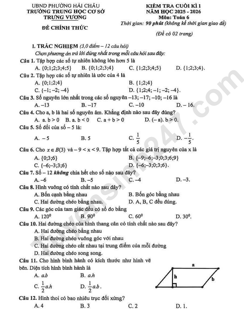Đề thi HK 1 lớp 6 môn Toán 2025 - THCS Trưng Vương