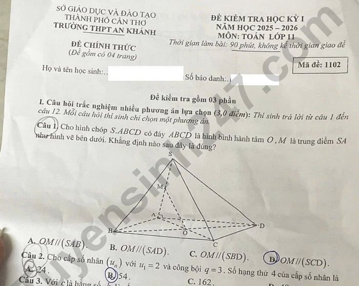 Đề thi học kì 1 lớp 11 môn Toán 2025 - THPT An Khánh