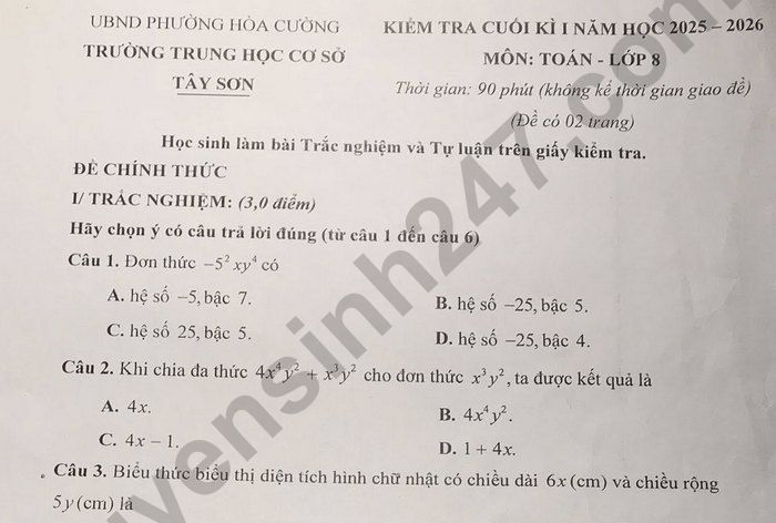 Đề thi học kì 1 lớp 8 môn Toán THCS Tây Sơn 2025
