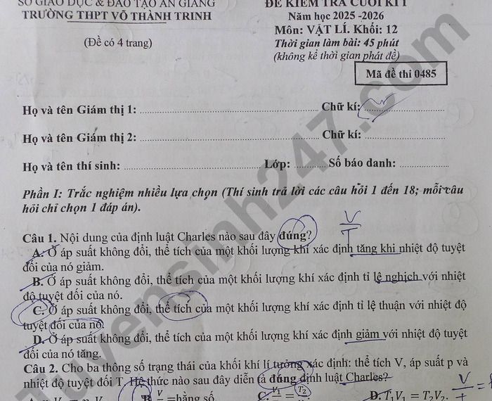 Đề thi học kì 1 Lý lớp 12 THPT Võ Thành Trinh 2025