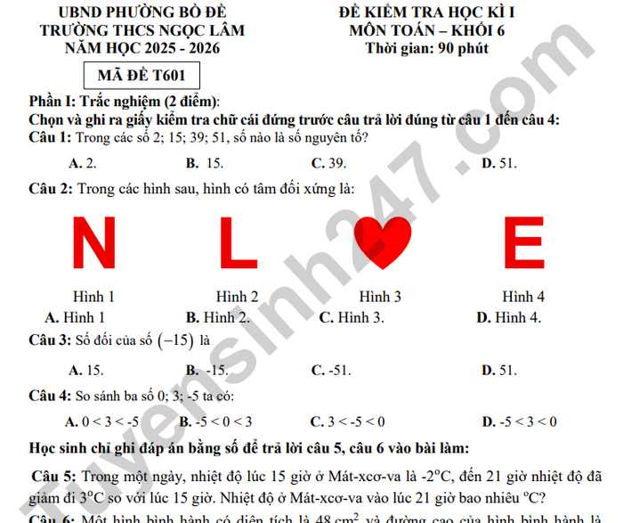Đề thi học kì 1 năm 2025 lớp 6 môn Toán - THCS Ngọc Lâm