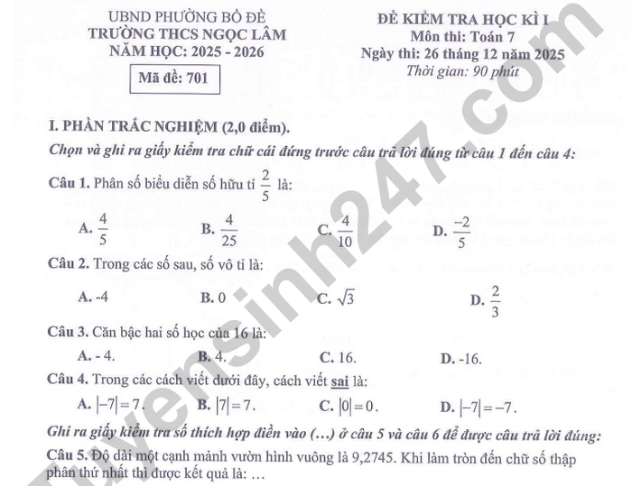 Đề thi kì 1 lớp 7 môn Toán - THCS Ngọc Lâm 2025