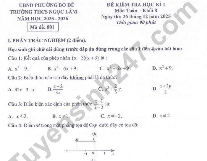 Đề thi học kì 1 Toán lớp 8 - THCS Ngọc Lâm 2025