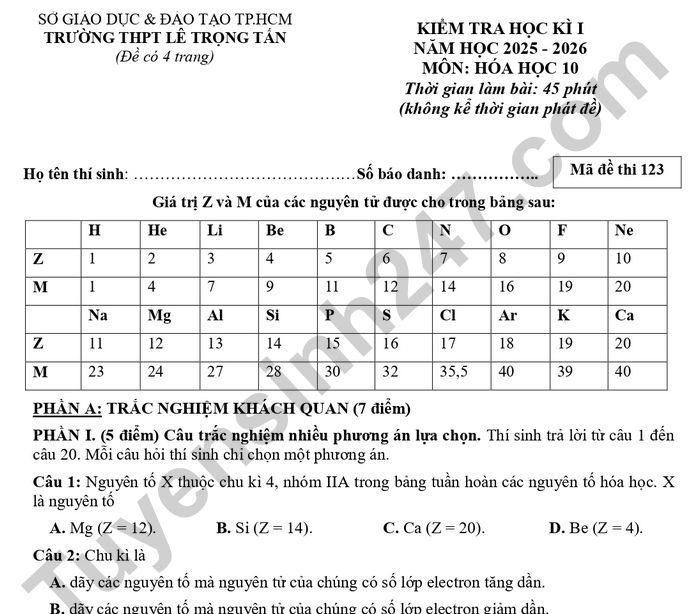Đề thi học kì 1 Hóa lớp 10 THPT Lê Trọng Tấn 2025