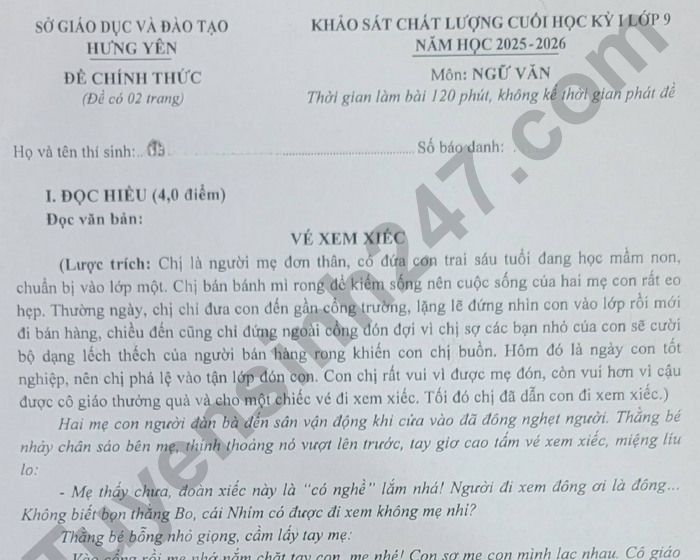 Đề thi học kì 1 môn Văn 9 Sở GDĐT Hưng Yên 2025