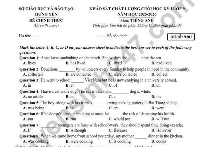 Đề thi học kì 1 lớp 9 môn Anh 2025 - Sở GDĐT Hưng Yên