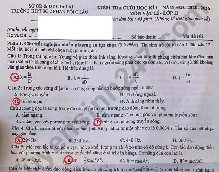 Đề thi học kì 1 lớp 11 môn Lý - THPT số 2 Phan Bội Châu 2025