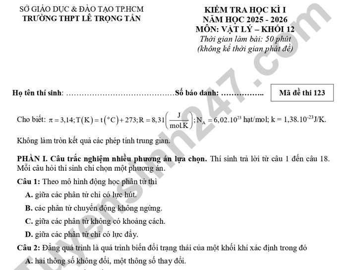 Đề thi học kì 1 năm 2025 THPT Lê Trọng Tấn - môn Lý 12
