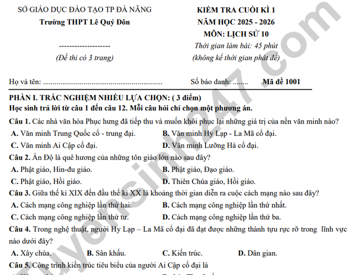 Đề thi học kì 1 môn Sử 10 THPT Lê Quý Đôn 2025