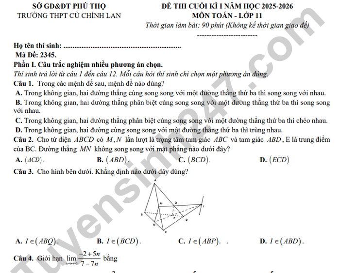 Đề thi học kì 1 lớp 11 môn Toán 2025 - THPT Cù Chính Lan
