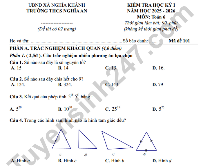 Đề thi học kì 1 lớp 6 môn Toán 2025 - THCS Nghĩa An
