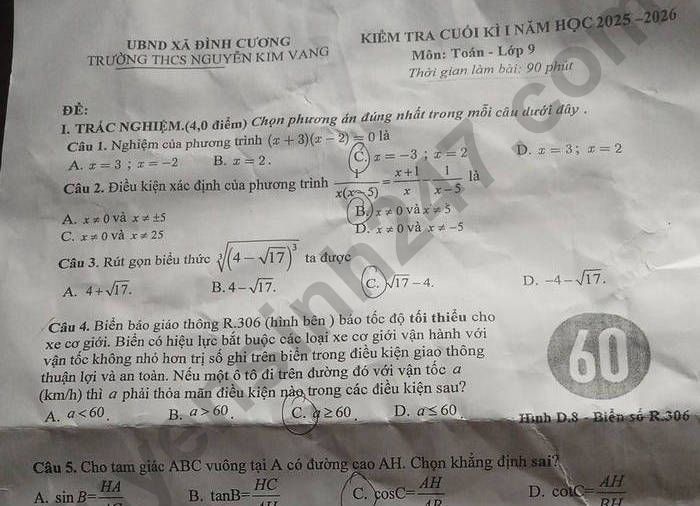 Đề thi học kì 1 lớp 9 môn Toán - THCS Nguyễn Kim Vang 2025
