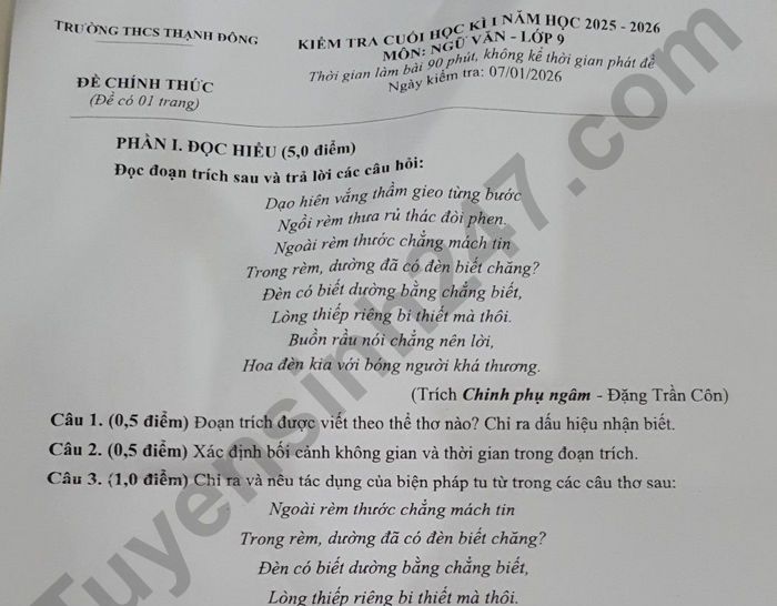 Đề thi cuối kì 1 Văn 9 THCS Thạnh Đông 2025