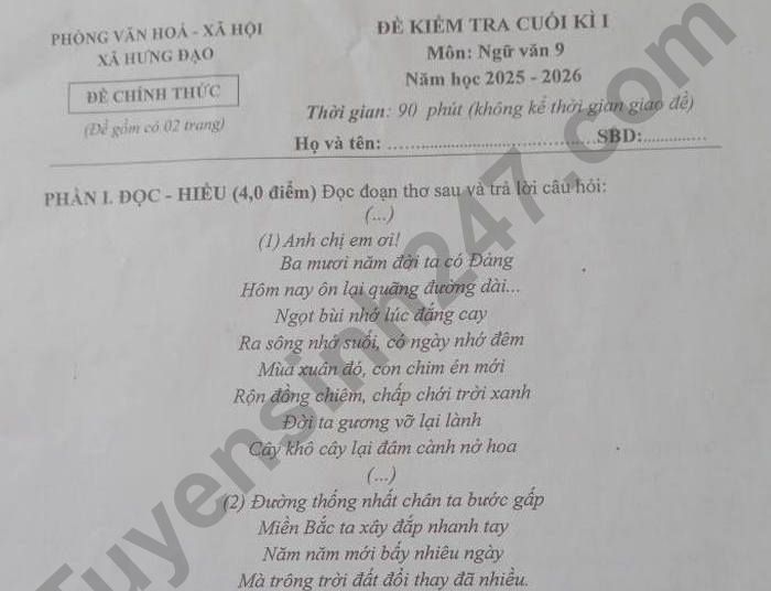 Đề thi học kì 1 lớp 9 môn Văn 2025 - xã Hưng Đạo