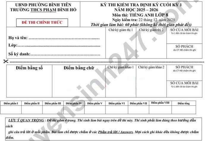 Đề thi học kì 1 lớp 8 môn Anh 2025 - THCS Phạm Đình Hổ