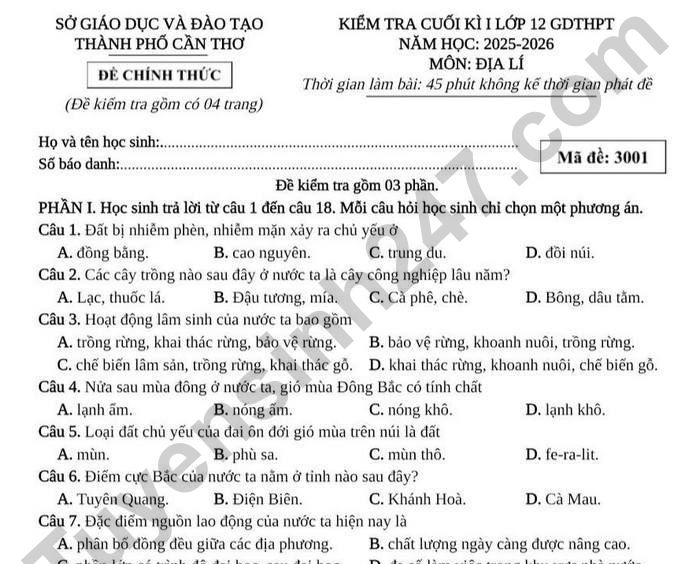 Đề thi học kì 1 môn Địa lớp 12 TP Cần Thơ 2025