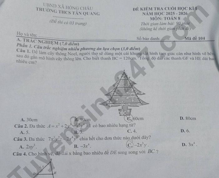 Đề thi học kì 1 lớp 8 môn Toán - THCS Tân Quang 2025