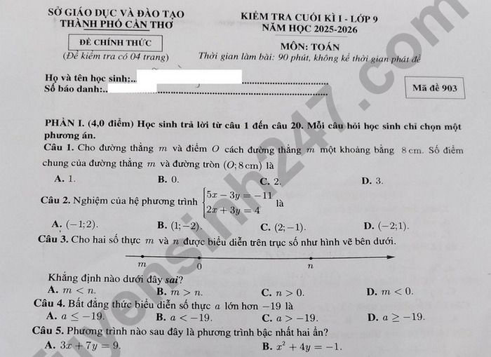 Đề thi học kì 1 môn Toán 9 TP Cần Thơ năm 2025