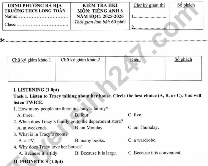 Đề thi học kì 1 lớp 6 môn Anh - THCS Long Toàn 2025